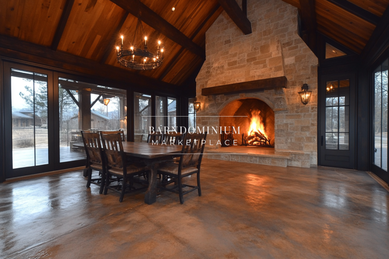 Rustic barndominium dining area with a grand stone fireplace, vaulted wood ceilings, and floor-to-ceiling windows for a warm and inviting ambiance.