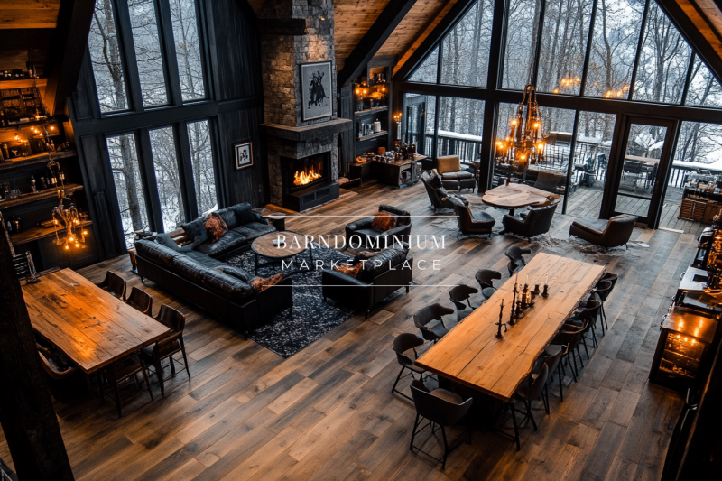 Grand barndominium great room with soaring ceilings, floor-to-ceiling windows, a stone fireplace, and rustic-modern furnishings for a cozy mountain retreat.