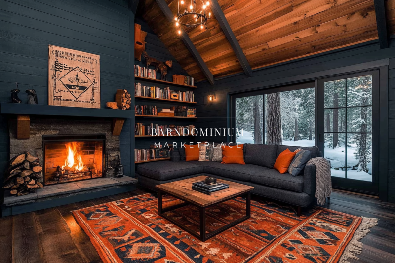 Cozy barndominium interior featuring a warm fireplace, built-in bookshelves, and rustic charm with deep blue walls and rich wooden accents.