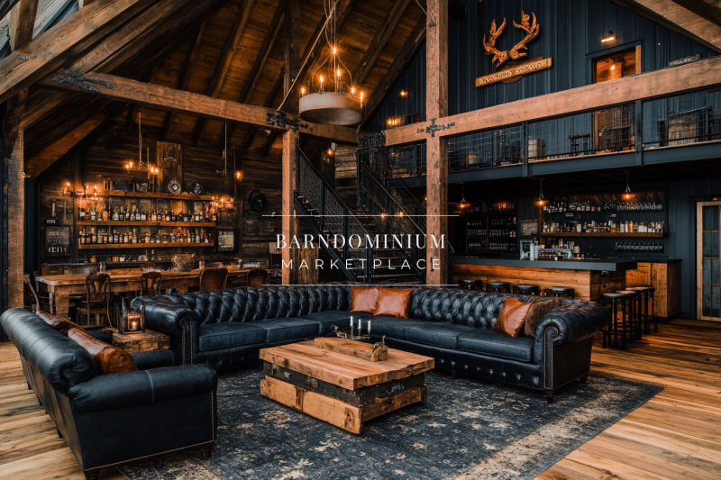 Luxurious rustic barndominium interior with rich wood beams, leather Chesterfield sofas, and an open-concept bar and dining area.