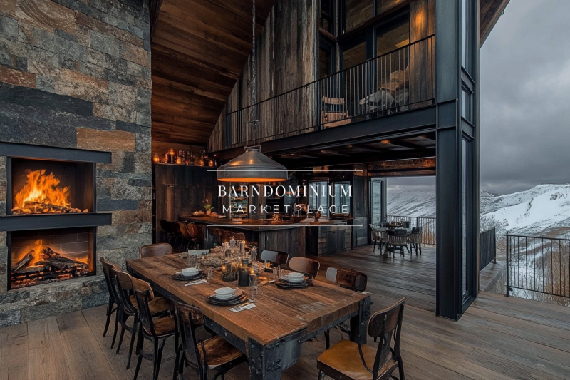 Stunning rustic-industrial barndominium with an open dining space, stone fireplace, and breathtaking mountain views.