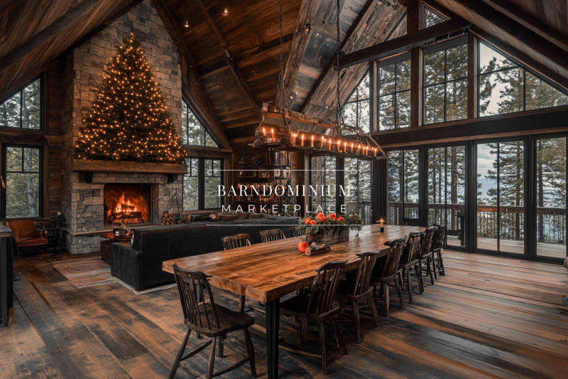 Rustic holiday retreat with a grand stone fireplace, festive Christmas decor, and breathtaking floor-to-ceiling windows.