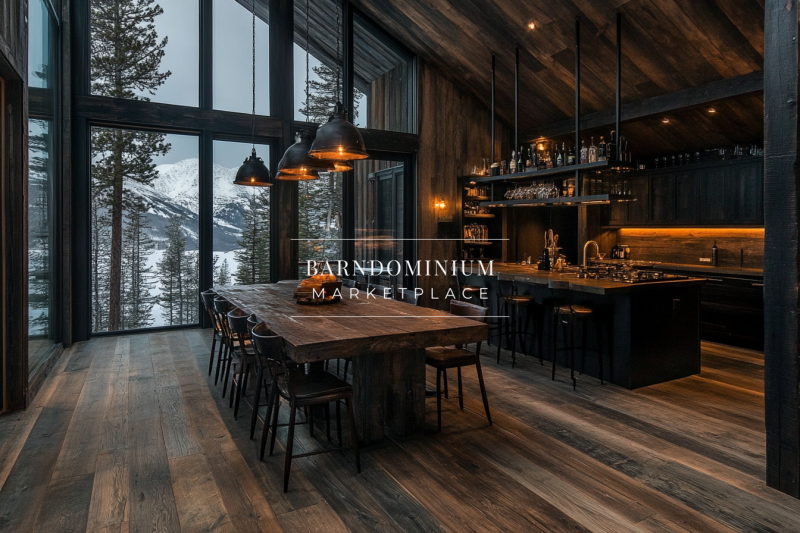Rustic-modern barndominium with breathtaking mountain views, dark wood accents, and a warm, inviting dining space.