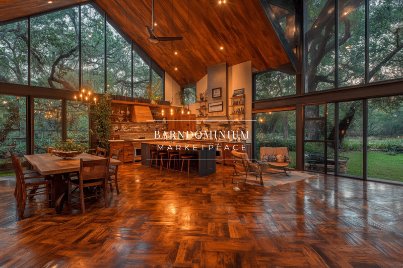 Stunning open-concept barndominium with floor-to-ceiling windows, warm wood finishes, and a spacious kitchen overlooking lush greenery.