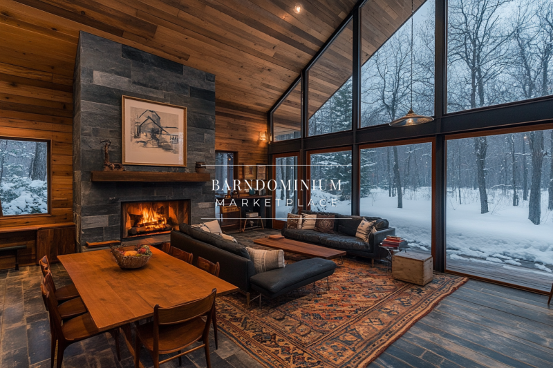 Modern-rustic barndominium living space with a stunning floor-to-ceiling window view of a snowy landscape, a cozy fireplace, and warm wood accents.