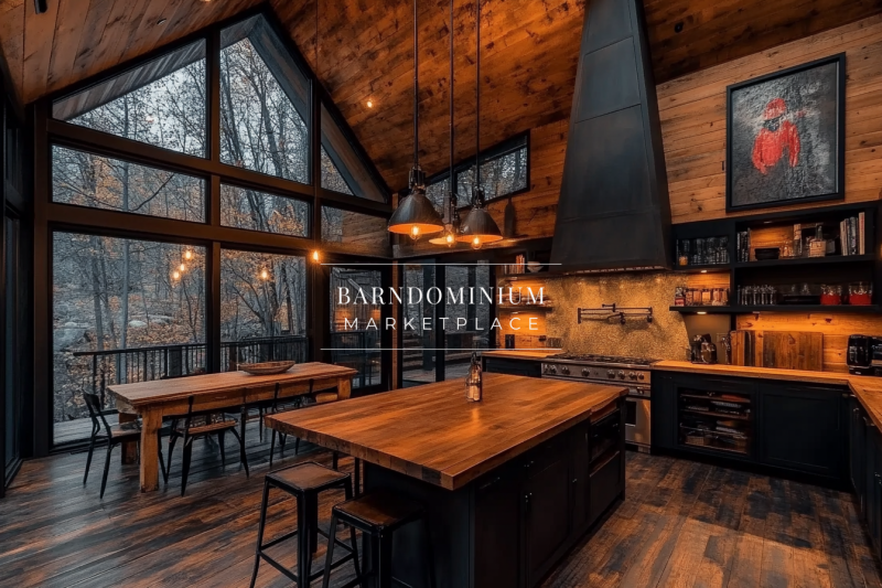 Rustic-modern barndominium kitchen with warm wood tones, industrial lighting, and a large center island, overlooking a scenic outdoor view.