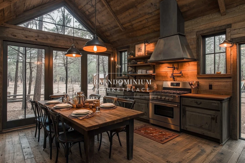 Rustic barndominium kitchen and dining area with warm wood tones, industrial lighting, and large windows showcasing the natural surroundings.