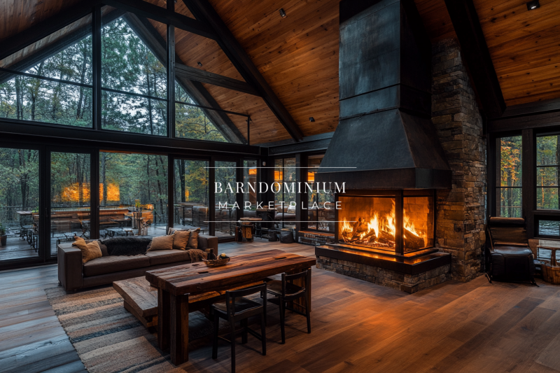 Stunning barndominium living space featuring a floor-to-ceiling stone fireplace, expansive glass walls, and warm wood interiors.