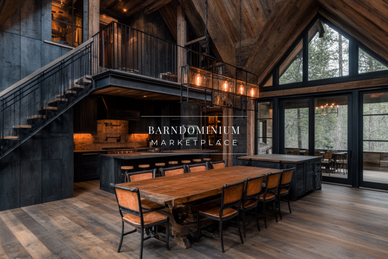 Modern rustic barndominium with a dark wood aesthetic, open loft, and spacious farmhouse dining area.
