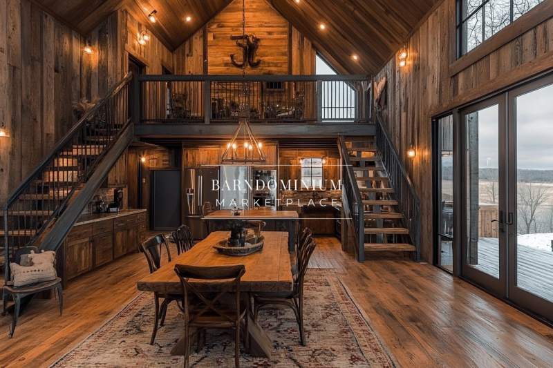 Rustic barndominium interior with vaulted ceilings, dual loft staircases, and a warm farmhouse dining area.