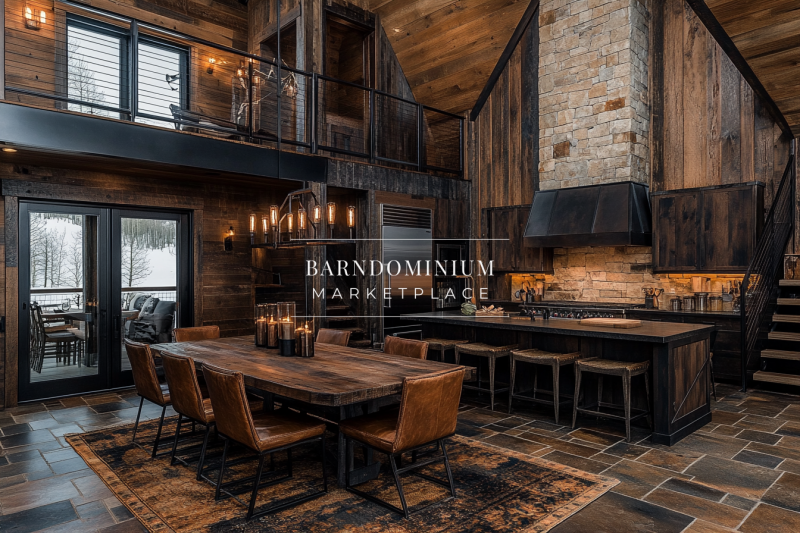 Elegant rustic barndominium kitchen and dining area with dark wood finishes, a stone fireplace, and an open loft design.