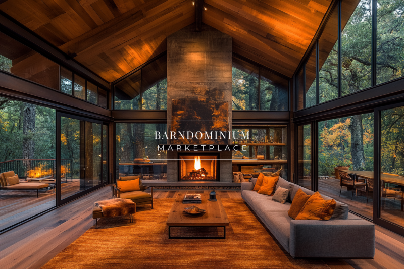 Stunning glass-walled barndominium living room with warm wood tones, a cozy fireplace, and breathtaking forest views.