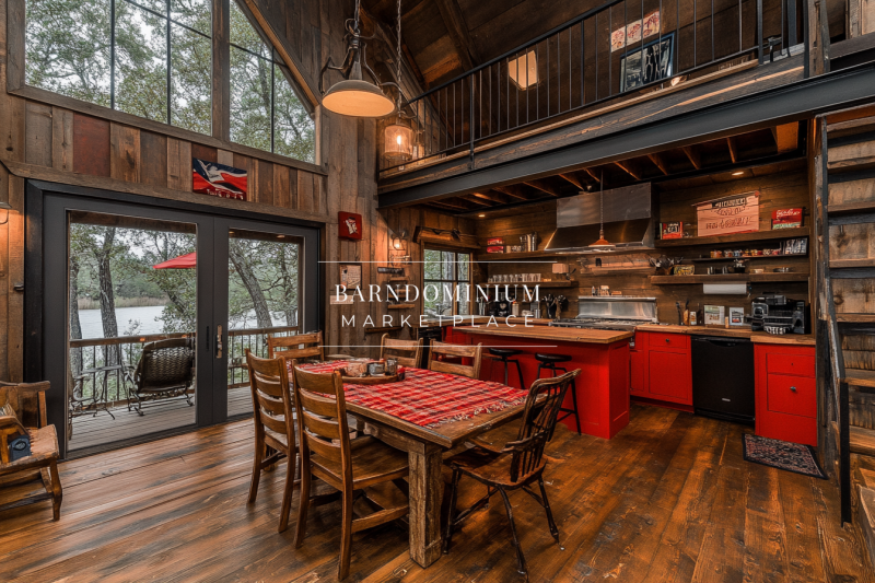 Rustic barndominium kitchen with a bold red accent, wood-paneled walls, and an inviting open loft space.