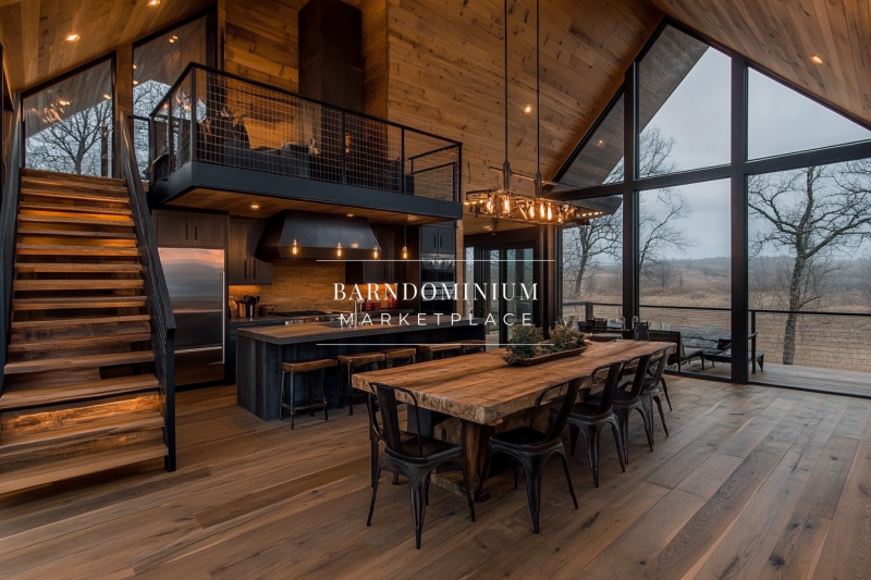 Modern rustic barndominium with an open-concept design, floor-to-ceiling windows, and a stylish lofted living space.