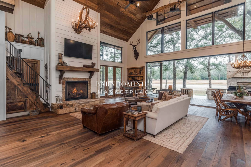 Rustic yet modern barndominium interior featuring vaulted ceilings, large windows, and cozy farmhouse decor.