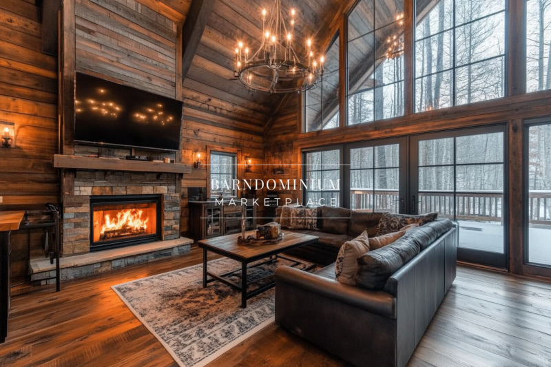 A rustic barndominium living room featuring a floor-to-ceiling fireplace, reclaimed wood walls, and large windows that bring in natural light for a cozy yet elegant cabin feel.