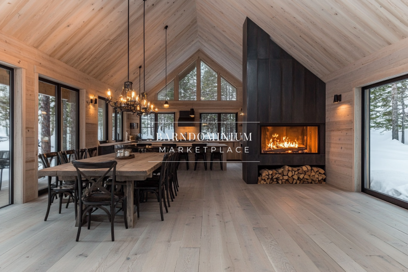 A modern rustic dining space with a sleek black fireplace, high vaulted ceilings, and floor-to-ceiling windows offering a serene winter view.
