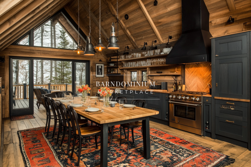A stunning rustic barndominium kitchen with black cabinetry, open wooden shelves, and a warm wood-paneled ceiling, complemented by an inviting dining area with a farmhouse table.