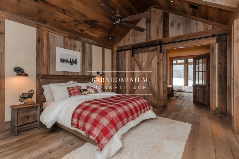 A cozy rustic barndominium bedroom with warm wood paneling, a barn door entrance, and a red plaid bedspread for a charming farmhouse touch.