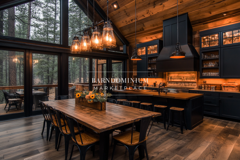 A stunning barndominium kitchen and dining area featuring rustic wood accents, modern black cabinetry, warm lighting, and floor-to-ceiling windows with scenic forest views.
