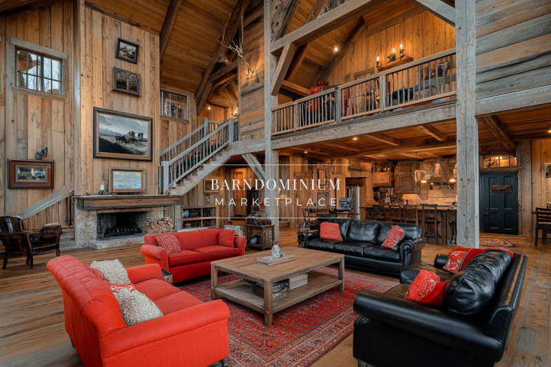 A breathtaking barndominium interior with high vaulted ceilings, exposed wood beams, a cozy loft, and an open-concept living area featuring rustic charm and modern comfort.
