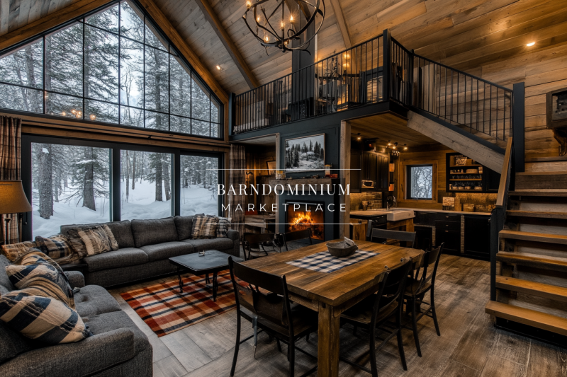 A cozy and inviting barndominium interior featuring a warm fireplace, vaulted ceilings, large windows with scenic views, and a charming loft overlooking the open-concept living and dining area.