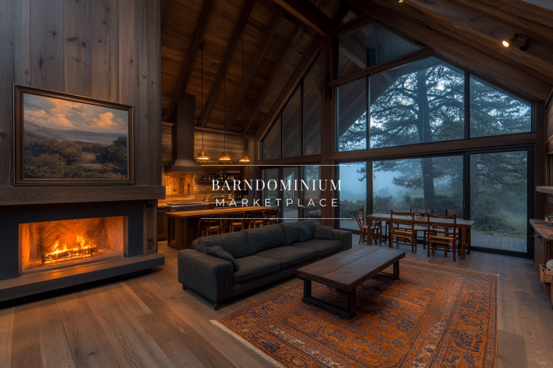 Cozy barndominium living space with a fireplace and breathtaking forest views.