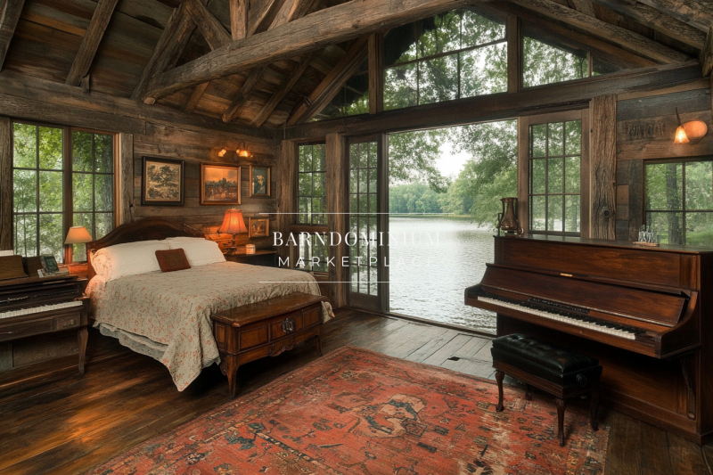 Cozy rustic bedroom with lakefront views and vintage decor.