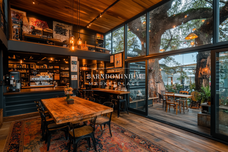Rustic-modern café with warm lighting, wooden interiors, and an open-air patio.