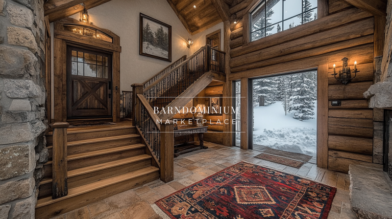 Rustic barndominium entryway with a grand wooden staircase, log walls, and a warm, welcoming atmosphere overlooking a snowy landscape.