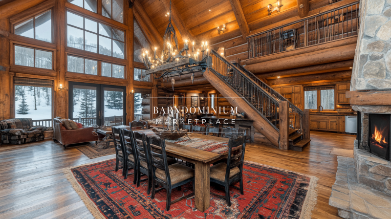 Luxurious barndominium interior with a grand dining area, rustic log walls, a striking chandelier, and a lofted second-floor balcony overlooking the space.