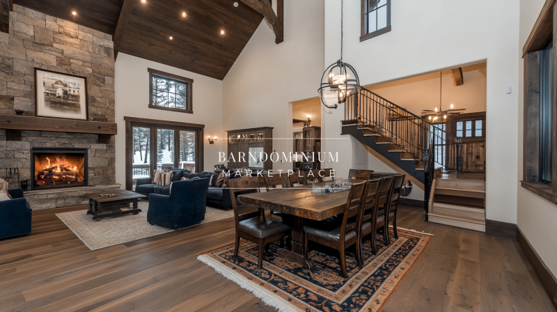 Elegant barndominium dining and living area with high ceilings, a stone fireplace, and rustic wood finishes, offering a perfect blend of comfort and sophistication.