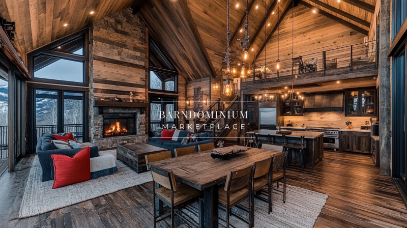 Stunning rustic-modern barndominium with an open floor plan, exposed wood beams, and a cozy fireplace, blending warmth and elegance in a luxurious retreat.