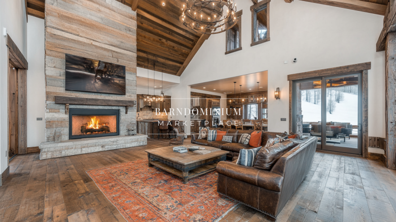 Rustic yet modern barndominium living room featuring high ceilings, a cozy fireplace, and an open-concept design with warm wood tones and elegant decor.