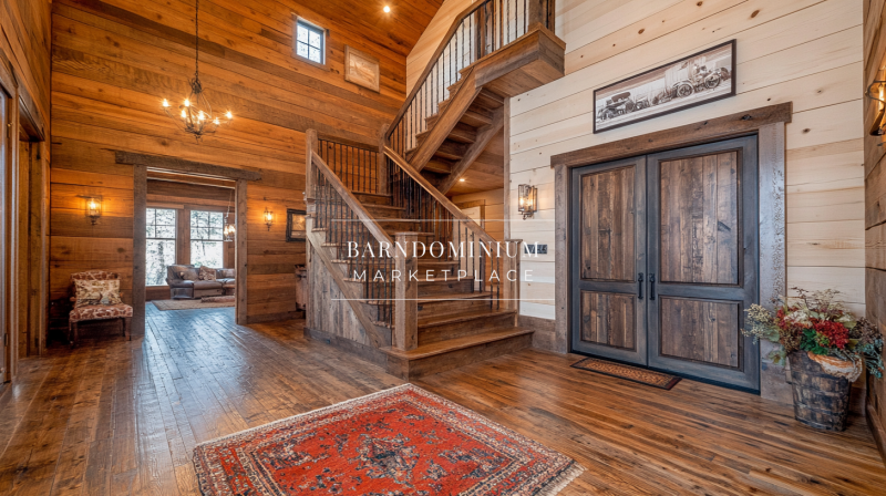 Elegant barndominium entryway with rustic wood accents, a grand staircase, and warm lighting, creating a welcoming farmhouse-style ambiance.