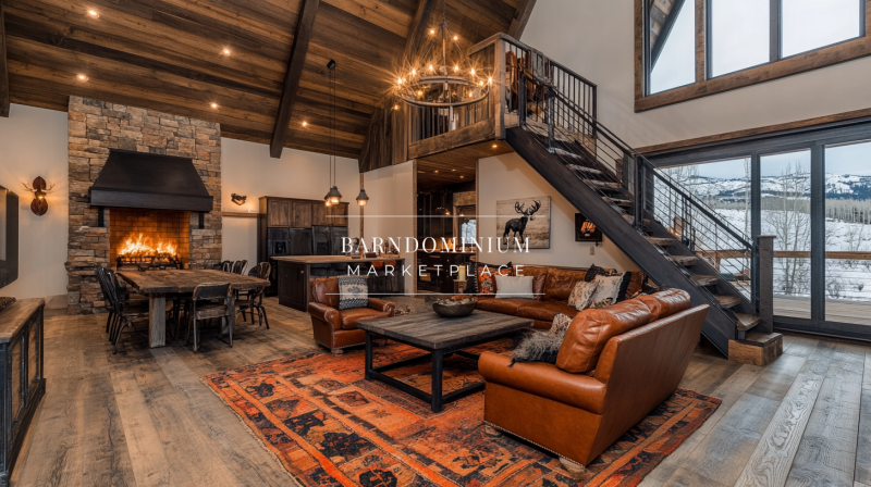 Warm and inviting barndominium interior featuring a lofted second level, rustic wood accents, a stone fireplace, and cozy leather furniture for a modern lodge feel.