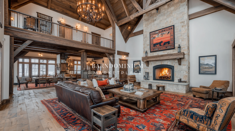 Stunning barndominium interior featuring a grand stone fireplace, exposed wood beams, and a spacious open-concept living area with rustic Western-inspired décor.