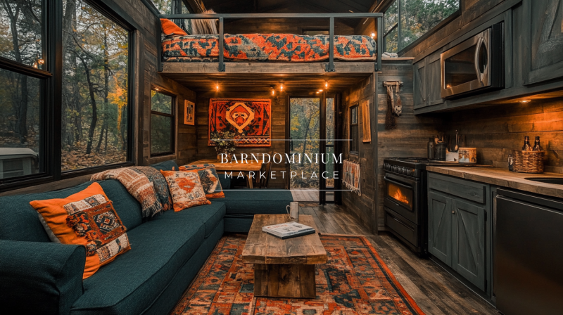 Cozy and rustic barndominium interior featuring a lofted sleeping area, warm wood accents, and vibrant Southwestern-inspired décor for a charming cabin retreat.