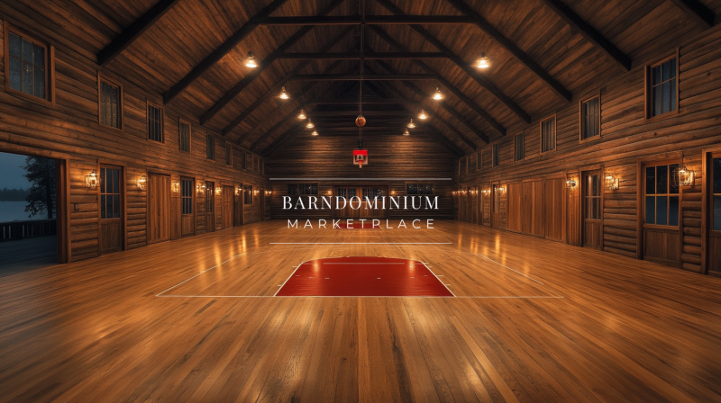 Incredible barndominium interior featuring a full-sized indoor basketball court with rich wood finishes, high vaulted ceilings, and warm ambient lighting.