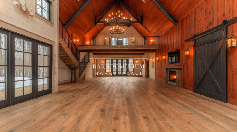 Stunning barndominium interior featuring soaring vaulted ceilings, rich wood accents, a cozy fireplace, and a spacious open-concept loft design.