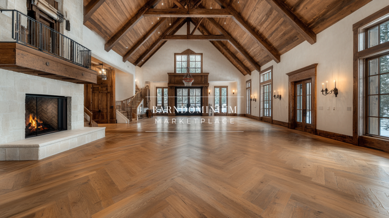Spacious barndominium interior with soaring vaulted ceilings, exposed wood beams, a grand fireplace, and elegant French doors for a rustic yet refined atmosphere.