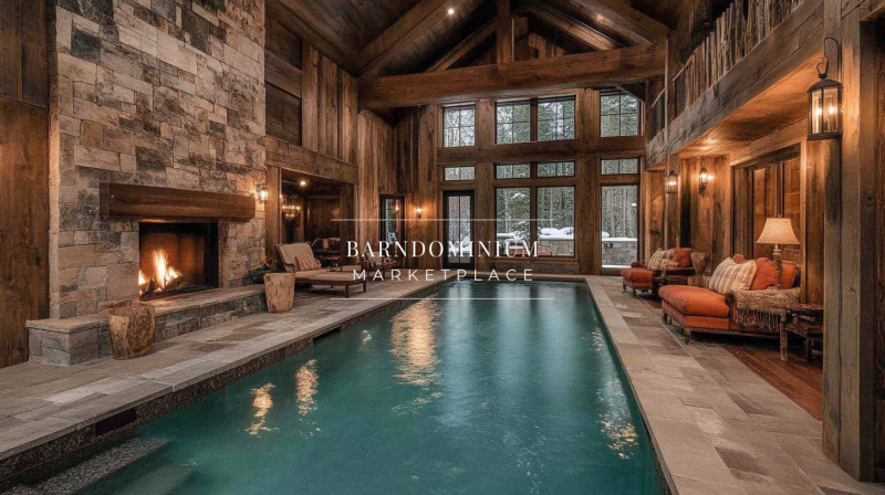 Cozy and luxurious barndominium interior featuring a heated indoor pool, grand stone fireplace, and rich wood accents for a warm and inviting retreat.