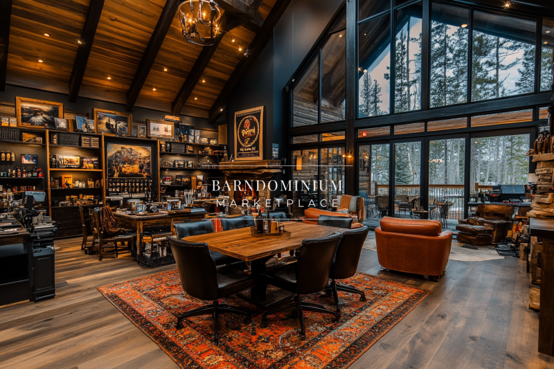 Rustic barndominium interior with a cozy lounge, fireplace, and rich wood accents.
