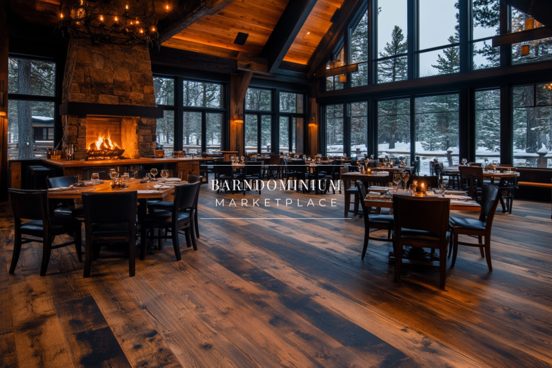 Cozy rustic restaurant with a grand stone fireplace and panoramic winter views.