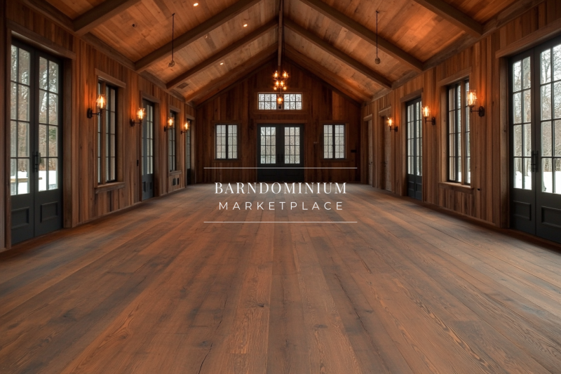 Spacious barndominium event hall with rustic wood paneling and elegant lighting.