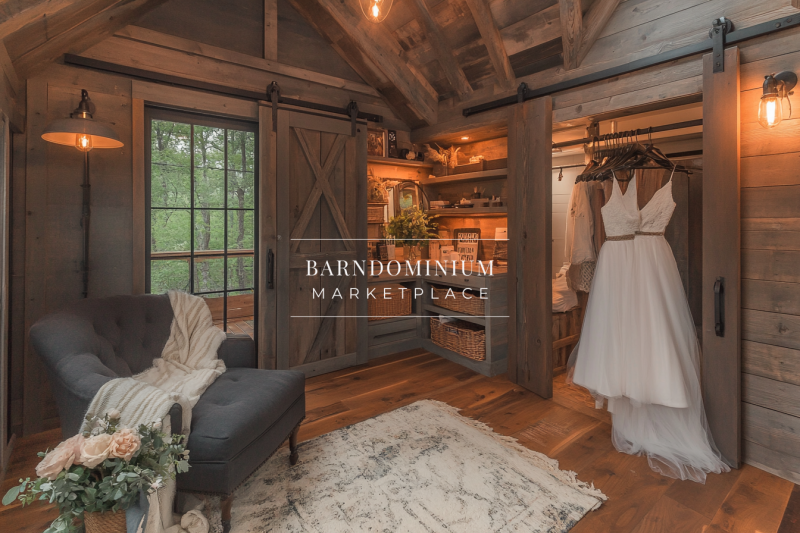 Charming barndominium bridal suite with rustic wood accents, cozy lighting, and elegant farmhouse-style decor.