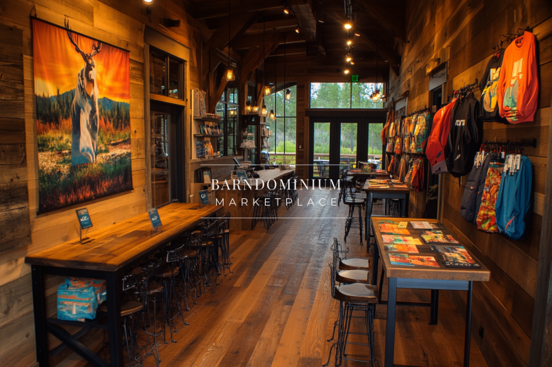 Rustic barndominium marketplace with warm wood tones, handcrafted decor, and a cozy retail space.