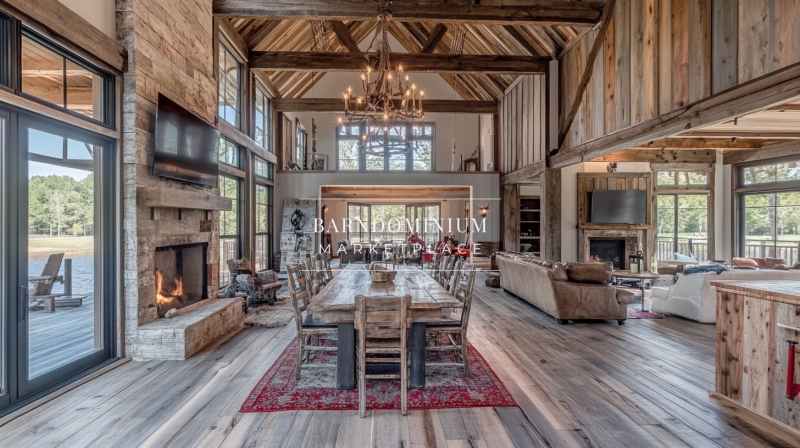 Expansive barndominium interior with vaulted ceilings, exposed beams, and a grand open-concept living and dining area.