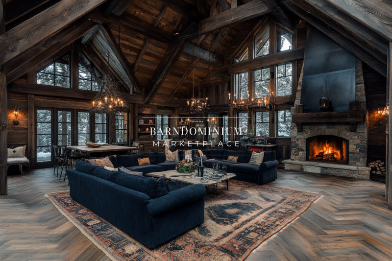 Cozy and luxurious dark-toned barndominium interior featuring exposed beams, a stone fireplace, and plush navy seating for a warm rustic ambiance.