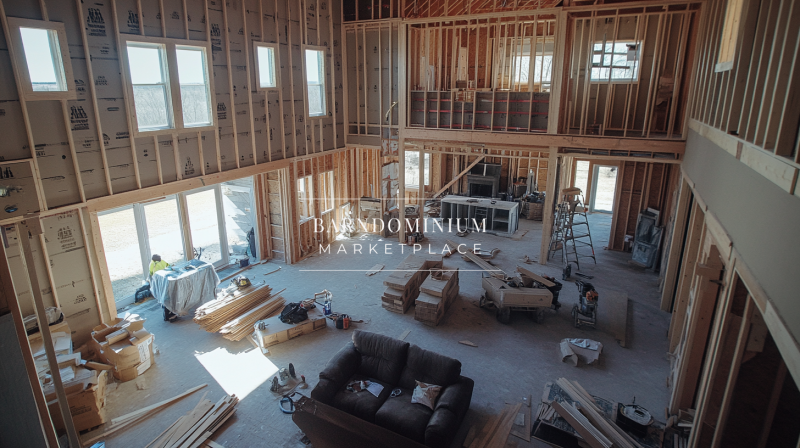 A spacious barndominium under construction, showcasing exposed framing, high ceilings, and an open floor plan in progress.
